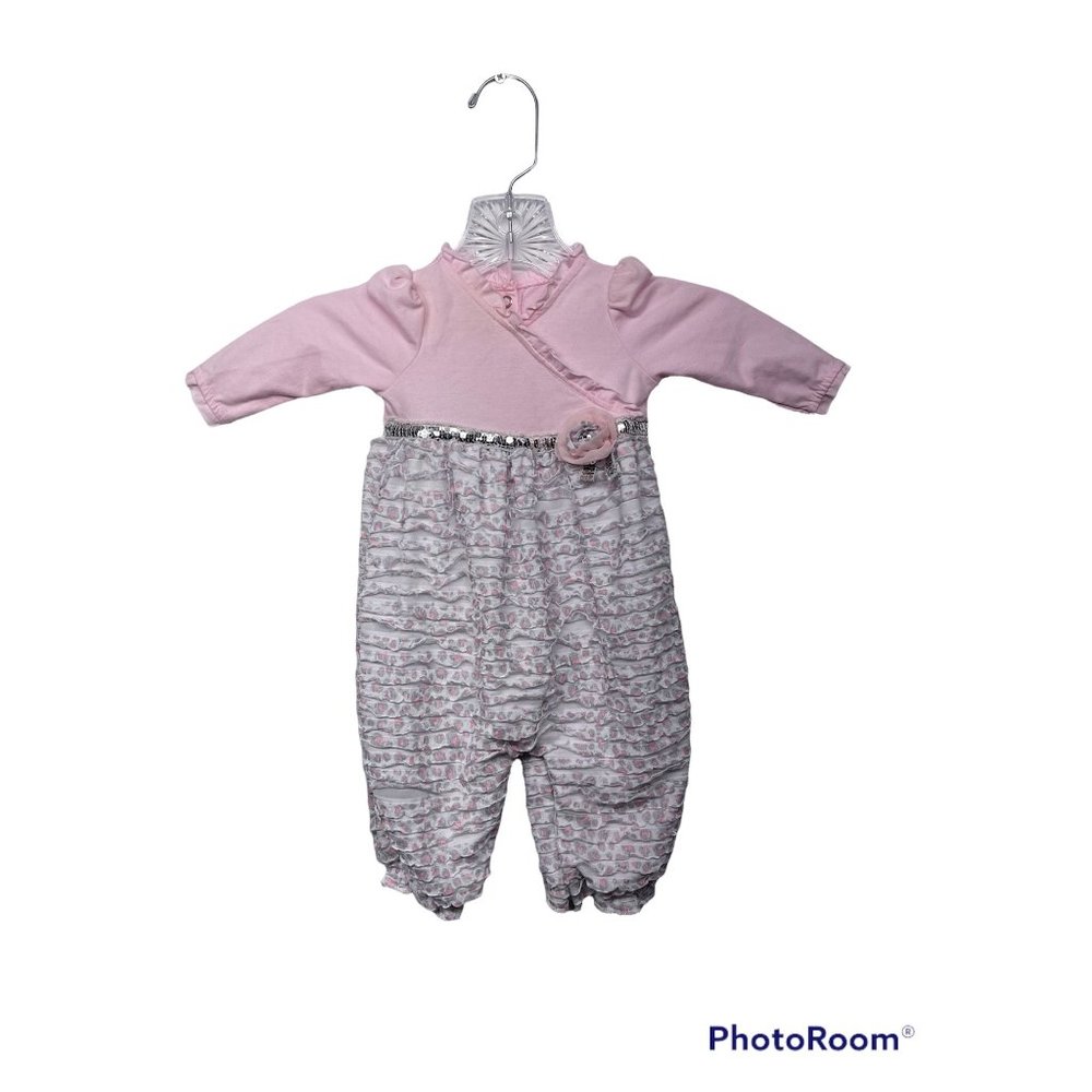 Nanette Baby 3-6 month romper pink leopard with ruffles